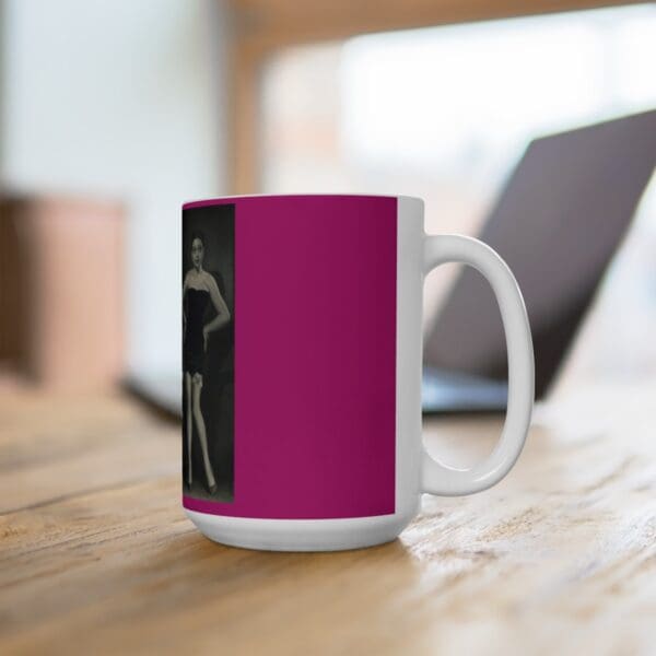 White coffee mug with a woman in a dress.