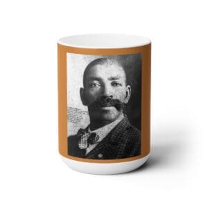 Black and white photo of Bass Reeves on a mug.