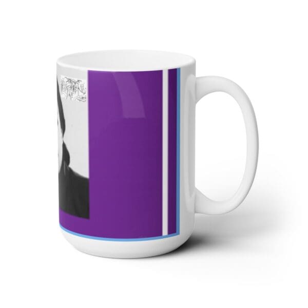 White mug with purple and a portrait.