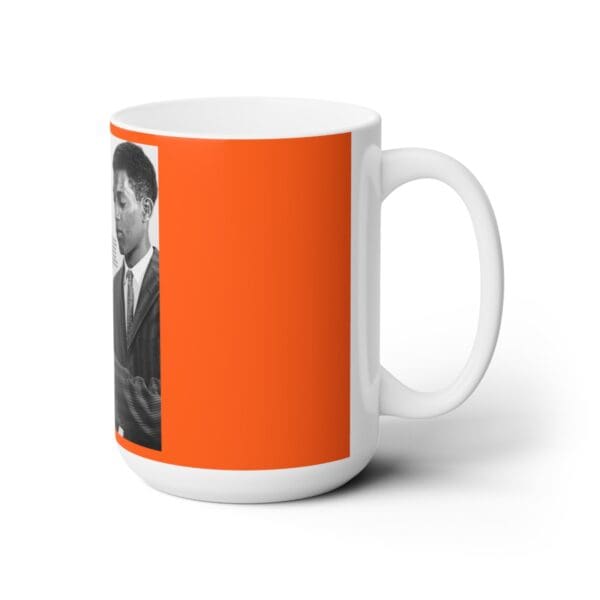 White mug with a photo of a man.