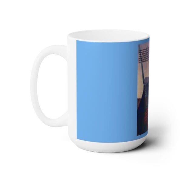 White coffee mug with a blue background.