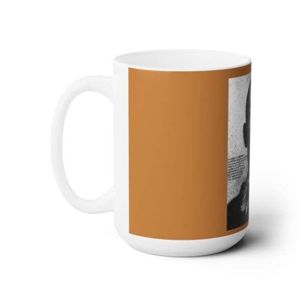 White mug with brown silhouette and text.