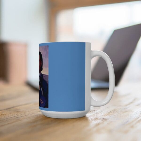 White mug with a portrait design.