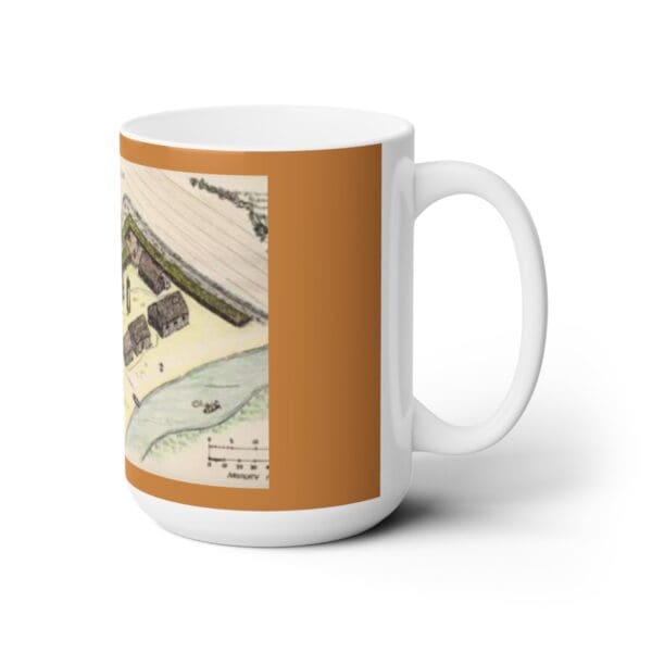 White mug with a hand-drawn map.