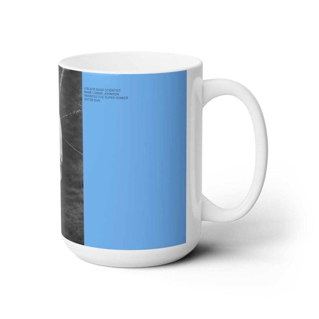 White mug with blue and black design.