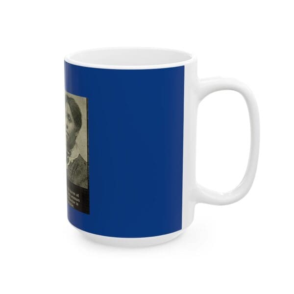 White mug with a blue background and a photo of a woman.