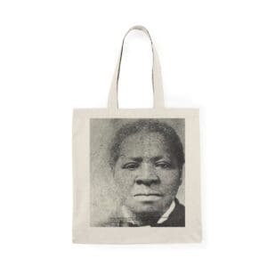 Black and white photo of a woman on a tote bag.