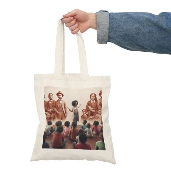 White tote bag with Black history art.