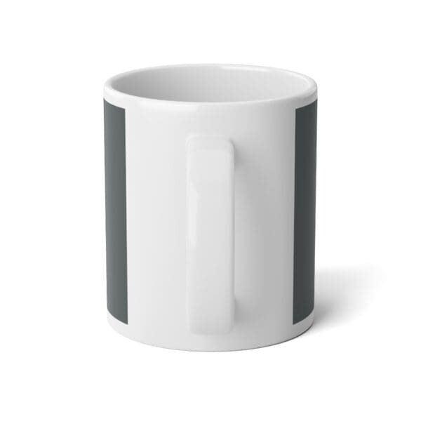 White coffee mug with gray stripes.