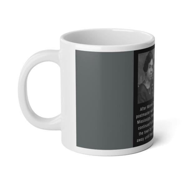 White coffee mug with black and white image of a woman.