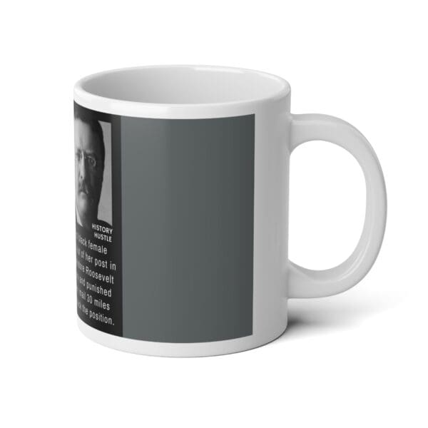 White coffee mug with a black and white image of a man.