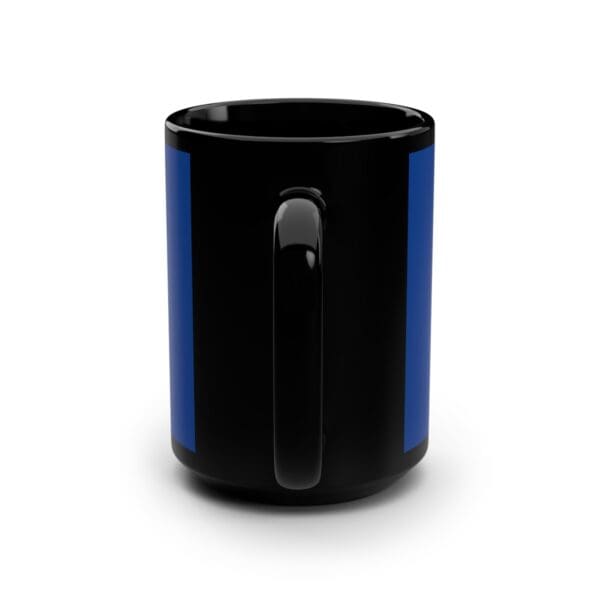 Black mug with blue stripe and handle.