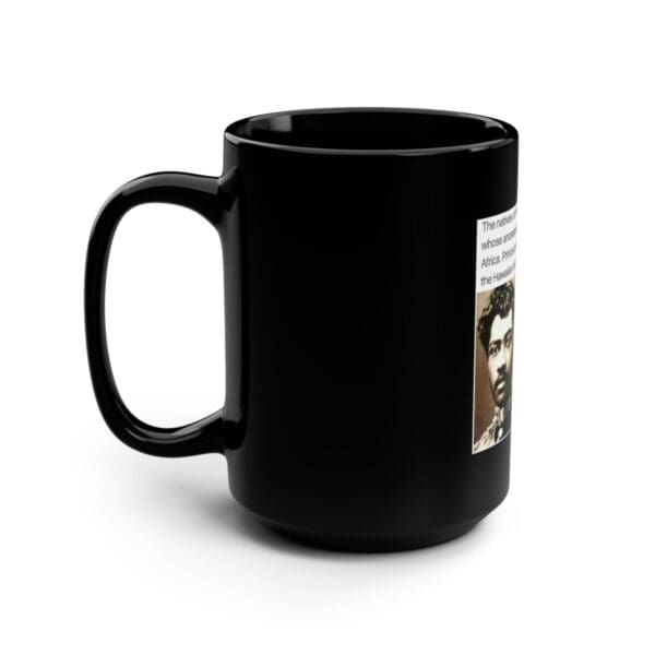 Black coffee mug with a quote and portrait.