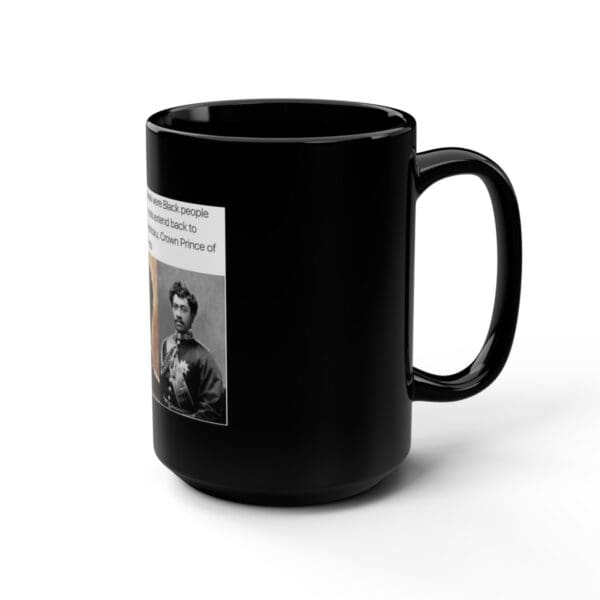 Black mug with image of a man.