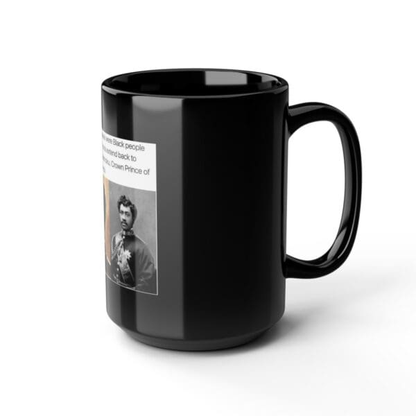 Black mug with a historical image of a man.