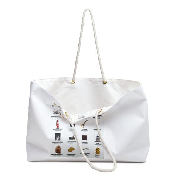 White tote bag with illustrated icons.