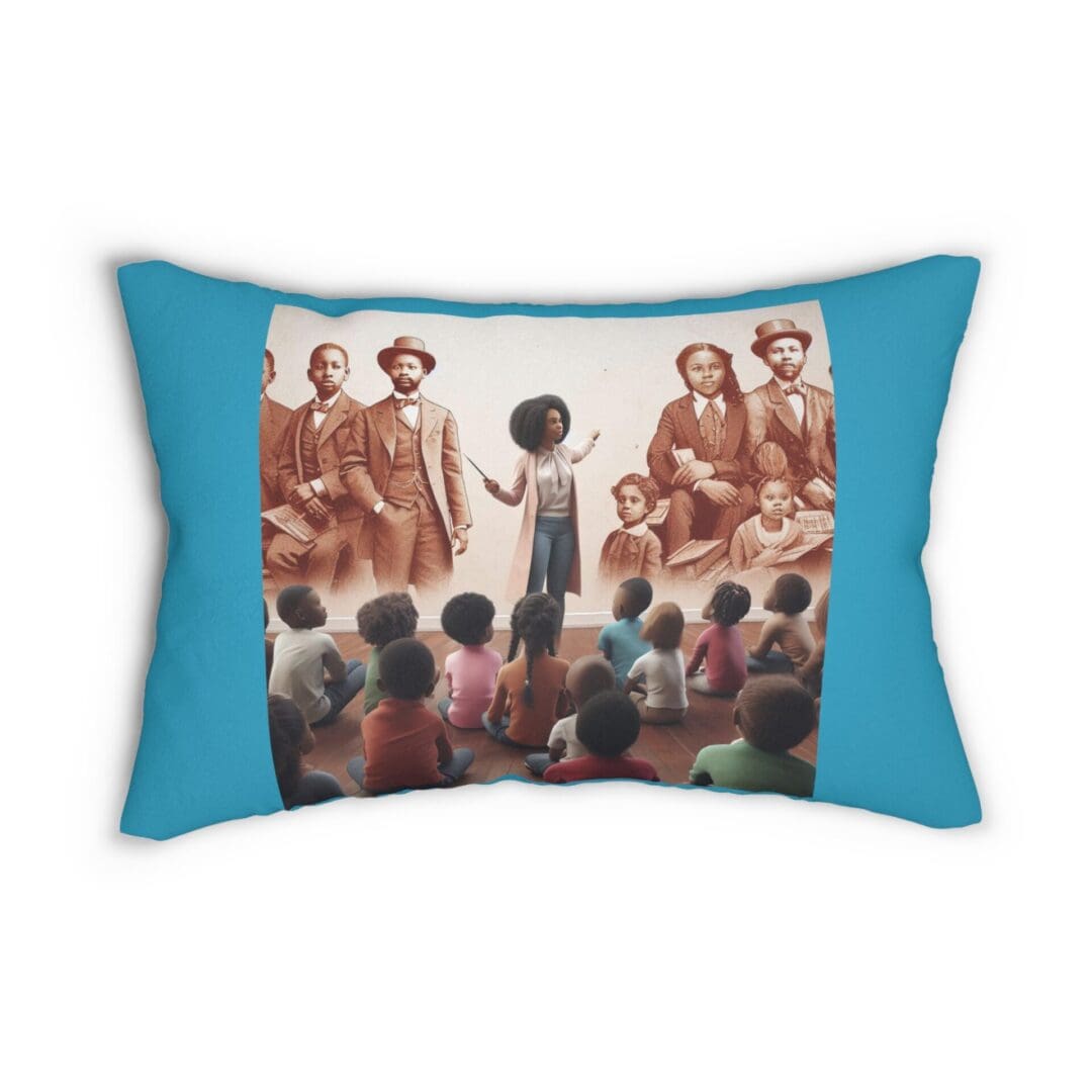 Black history illustration on a blue pillow.