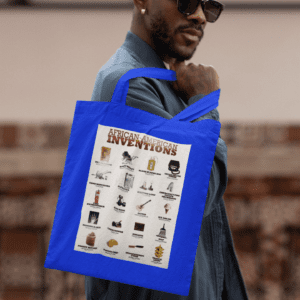 Man holding a tote bag with African American inventions.