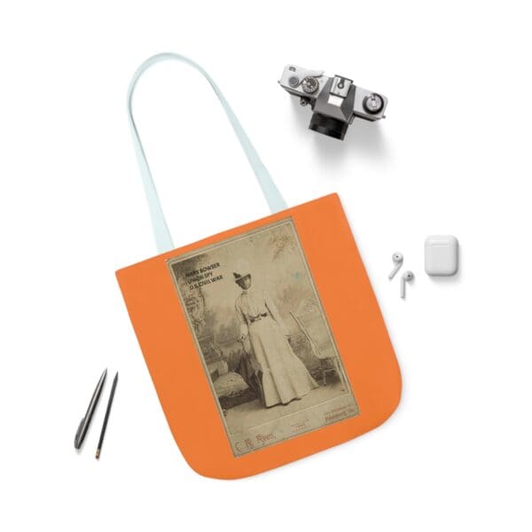 A bag with an old photo of a woman in a dress.