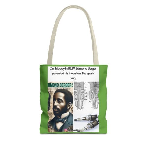 A green tote bag with an image of a man and text.