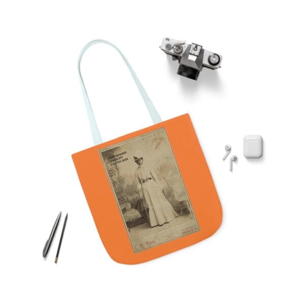 A bag with an old photo of a woman in white.