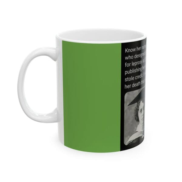 A green mug with a picture of a person