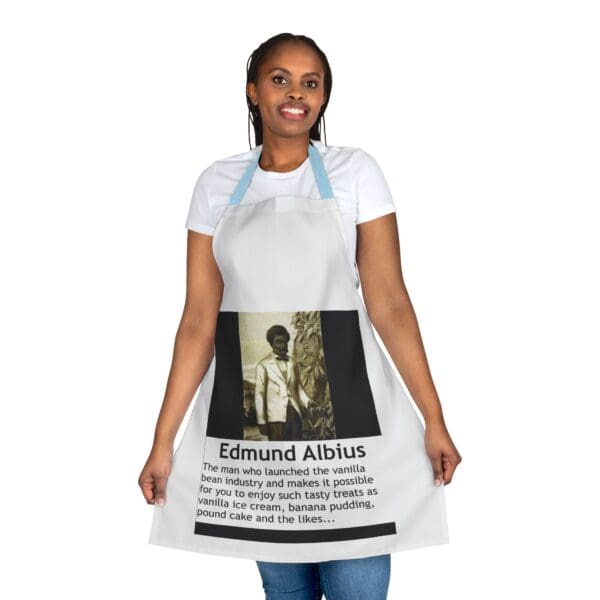 A woman wearing an apron with a picture of edmund altius.