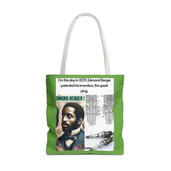 A green tote bag with an image of a man.