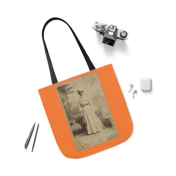 A bag with an old photo of a woman in a dress