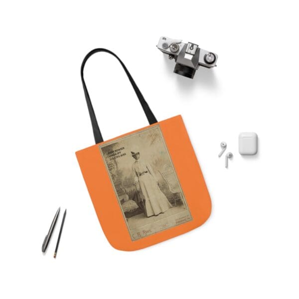 A bag with an old photo of a woman in a dress.