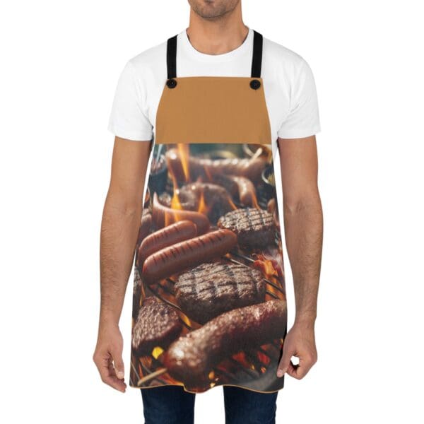 A man wearing an apron with a bunch of hot dogs on it