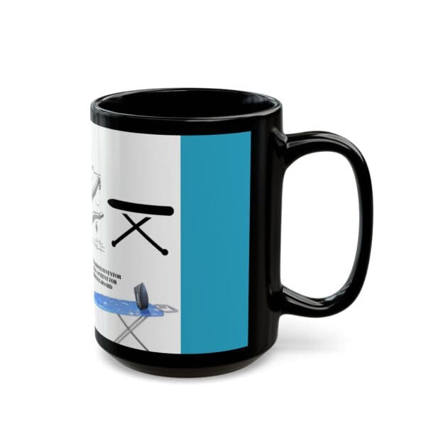 A black coffee mug with a picture of a boat.