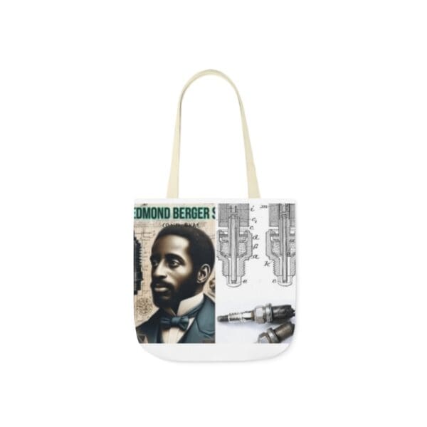 A white tote bag with an image of a man.