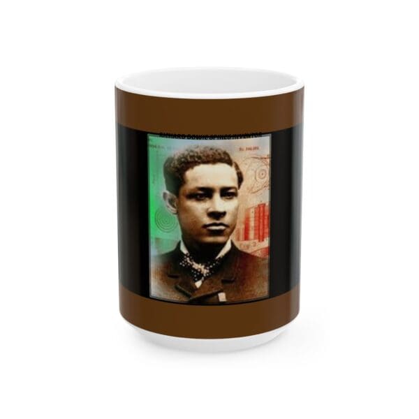 A picture of a man in uniform is on the coffee mug.