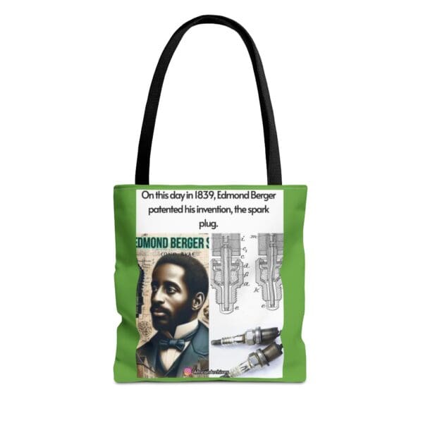 A green tote bag with an image of a man.