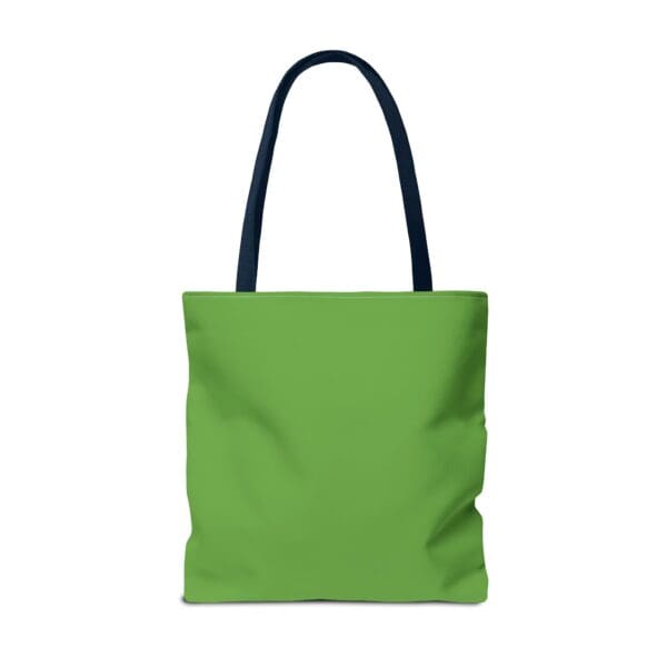 A green tote bag with black handles and an image of the back.