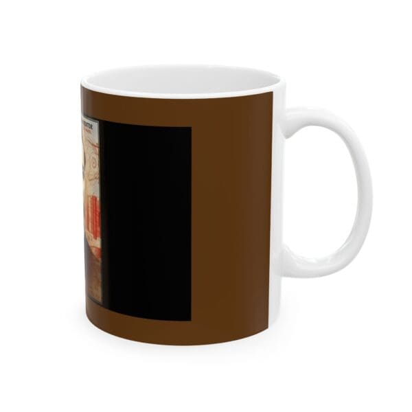 A coffee mug with an image of a person holding something.