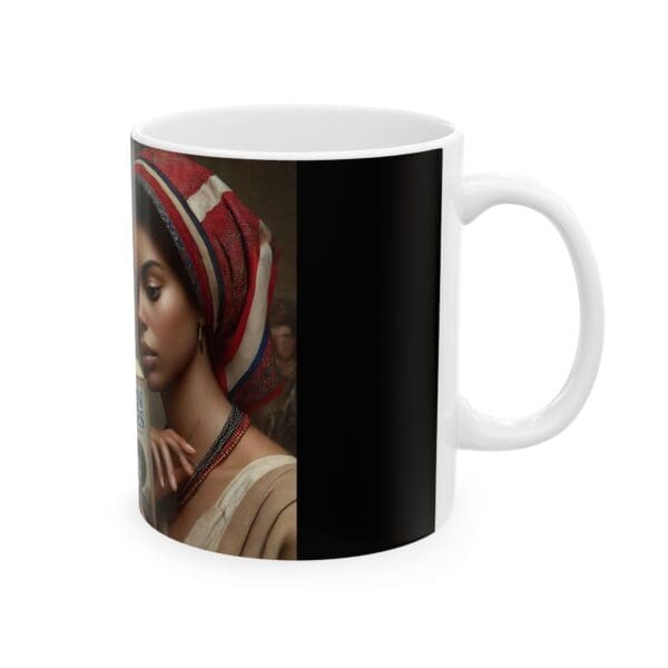 A mug with an image of a woman in a headscarf.