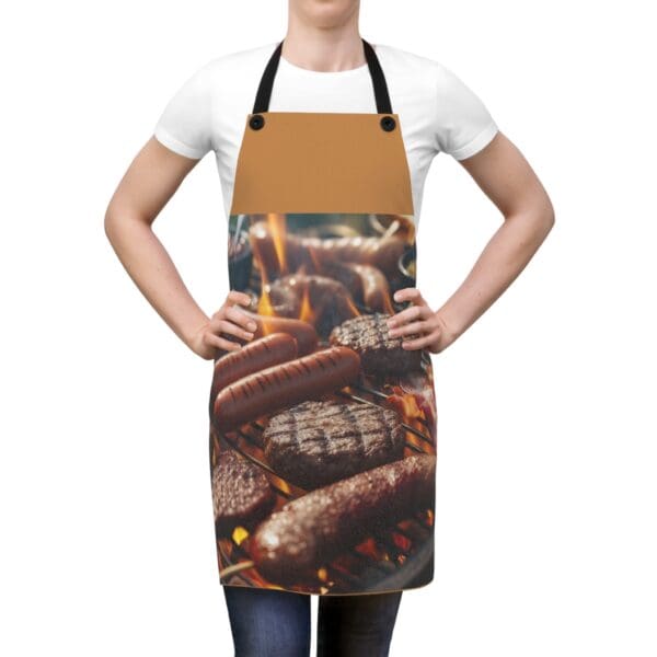 A woman wearing an apron with a bunch of hot dogs on it