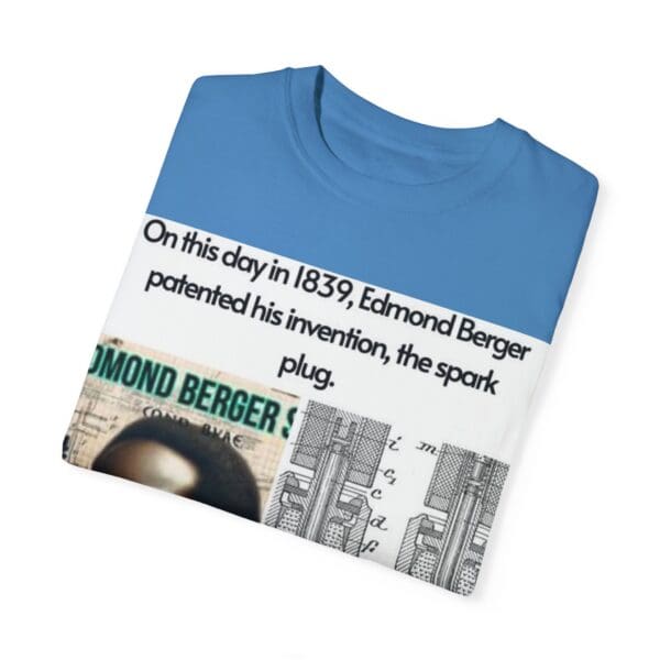 A blue t-shirt with a newspaper advertisement on it.