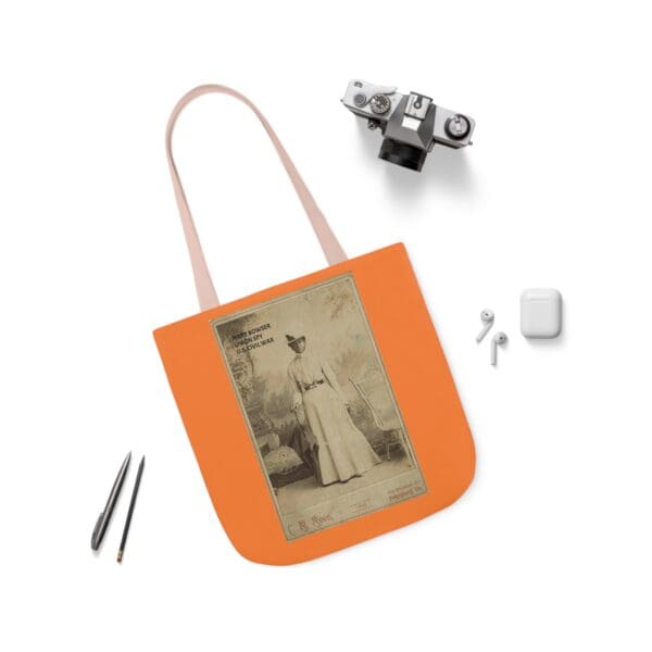 A bag with an old photo of a woman in white.