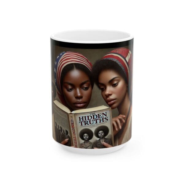 Two women reading a book on the side of a coffee mug.