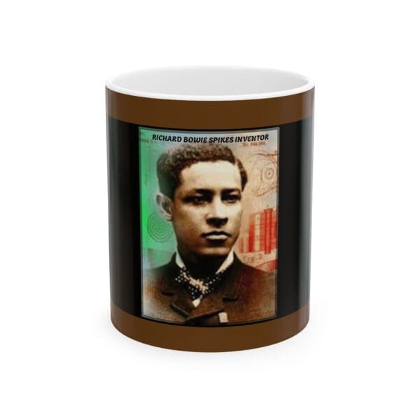 A mug with an image of a man in the middle.