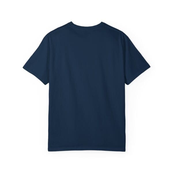 A navy blue t-shirt with the back of it.