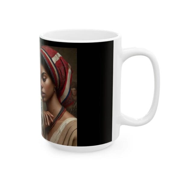 A mug with an image of a woman wearing a turban.