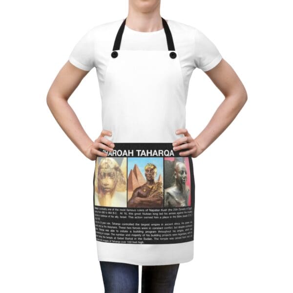 A woman wearing an apron with pictures of people.