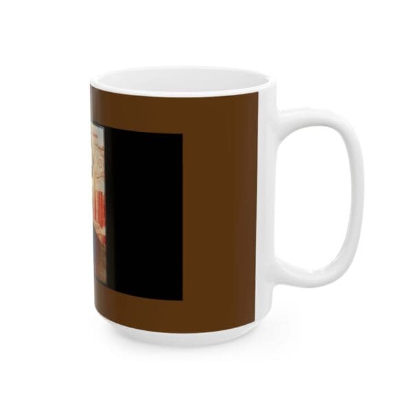 A coffee mug with an image of a person holding something.