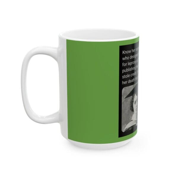 A green coffee mug with a picture of a person.