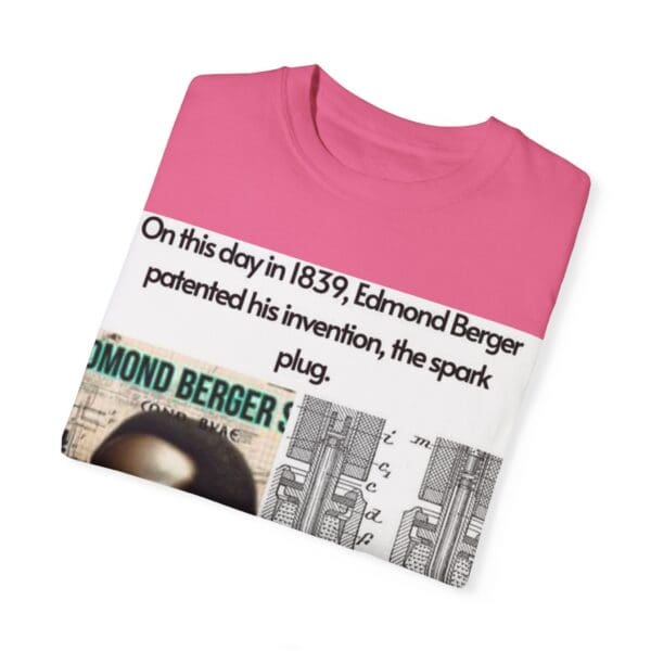 A pink t-shirt with a picture of a newspaper and the words " edmond berger ".