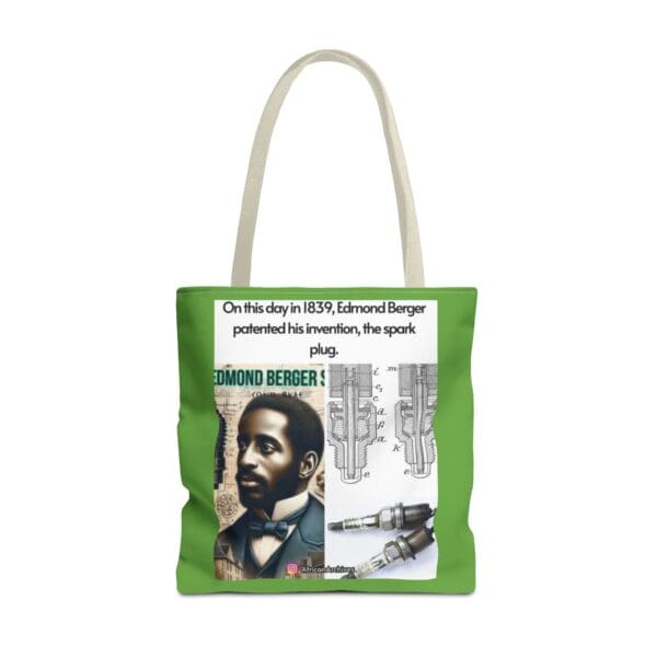 A green tote bag with an image of a man and the words " grand genius ".